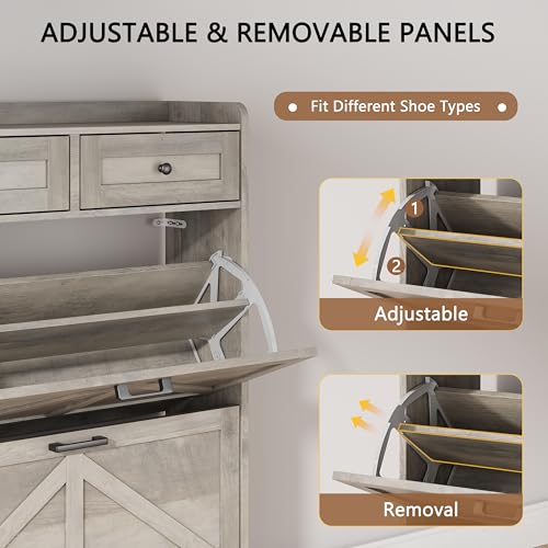 Shoe Cabinet with 2 Flip Drawers & 2 Top Drawers, 43" Tall Freestanding Narrow Wooden Shoe Storage Organizer for Entryway, Hidden Slim Shoe Rack for Front Door Entrance, Hallway, Living Room, Grey - color: Grey, size: 2 Flip Drawers