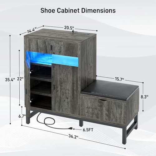 Armocity Shoe Cabinet Storage for Entryway - Freestanding Shoe Rack Bench with LED Lights & Power Outlets, Reversible Shoe Storage Cabinet Organizer with Drawer and Hidden Compartment, Grey Oak - color: Grey