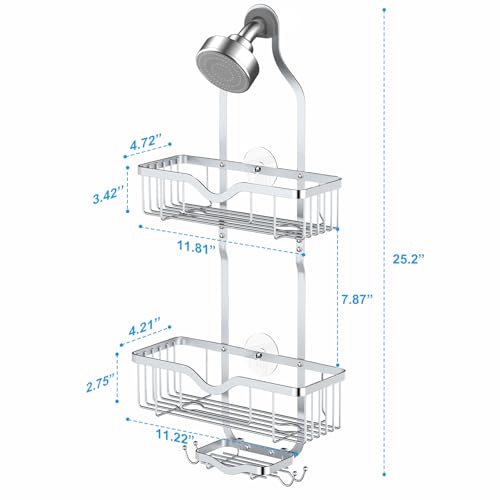 Kadolina Shower Caddy Hanging, Bathroom Shower Rack, Bathroom Organizer with Soap Dish, Over The Showerhead Caddy with Hooks for Razor/Sponge, Bright Silver (Assembly Required) - color: Bright Silver