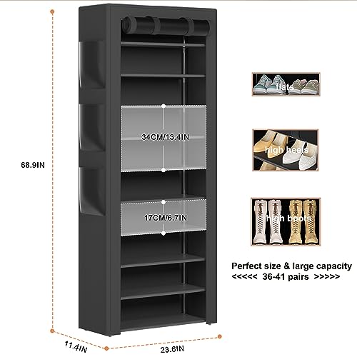 OYREL Large Shoe Rack, Black, 6 Side Pockets, 23.6" Wide x 11.4" Deep x 68.9" Tall, 36-41 Pairs of Shoes - color: Black