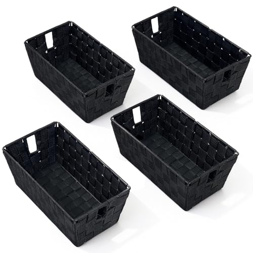 Black Storage Baskets for Shelves, Woven Shelf Baskets for Organizing, Small Strap Organizer Basket for Bathroom Storage, Set of 4 - color: Woven Strap Black, size: 4 Pack