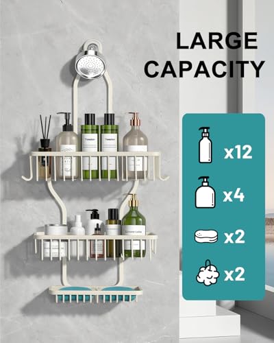 Shower Caddy Hanging - Never Rust Shower Hanging Organizer - Aluminum Over the ShowerHead Caddy with Soap Basket and 6 Hooks for Razor/Sponge (Milky White) - color: Milky White