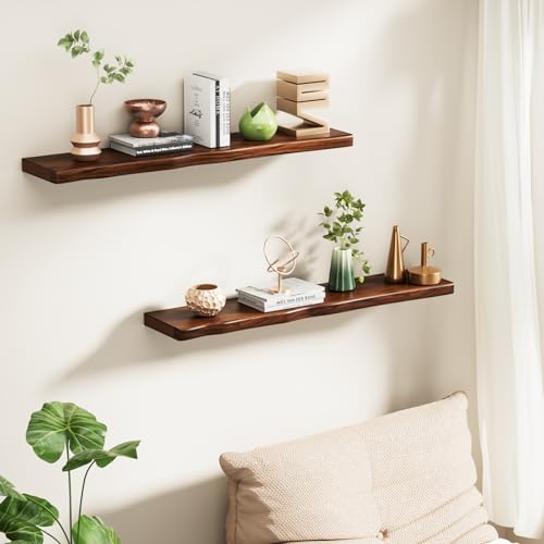 Floating Shelves for Wall Rustic Farmhouse 36 Inch Floating Shelf Bathroom Wooden Shelves for Wall Mounted Live Edge Pine Shelf with Unique Natural Grain for Living Room Bedroom Kitchen (Walnut) - color: Walnut, size: 36 inch - 2pcs