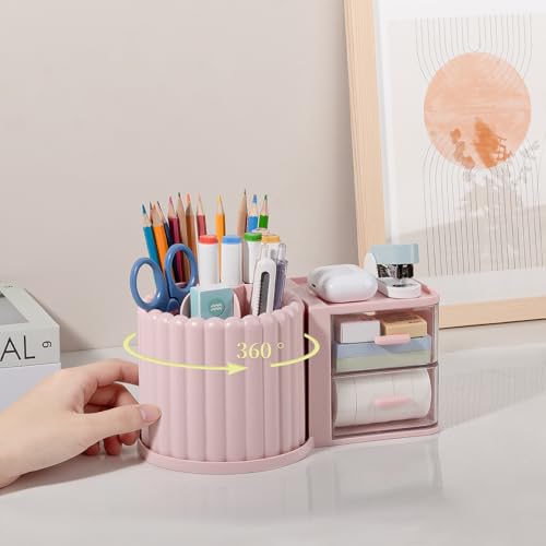 Anyoifax 360° Rotating Pen Holder 7 Slots Desk Organizer with Drawer Removable Pencil Cup Plastic Art Supplies and Accessories Desktop Storage Box Caddy for Office, School, Home (Green) - style: Pink+Drawer