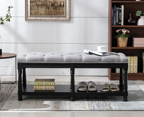 Kmax Storage Entryway Bench Tufted Shoe Rack Bench Black Wood Window Bench for Hallway Entrance Bedroom Corner, Grey - color: Gray- Black Wood, size: Storage- 2 Seats