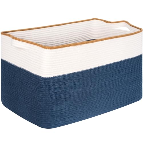 MINTWOOD Design 22in Extra Large Blanket Basket Holder Living Room, Rectangle Rope Woven Storage Basket with Handles for Laundry, Pool Towels, and Shoes, Dog Toy Organizer Bin Box, Prussian Blue - color: Prussian Blue