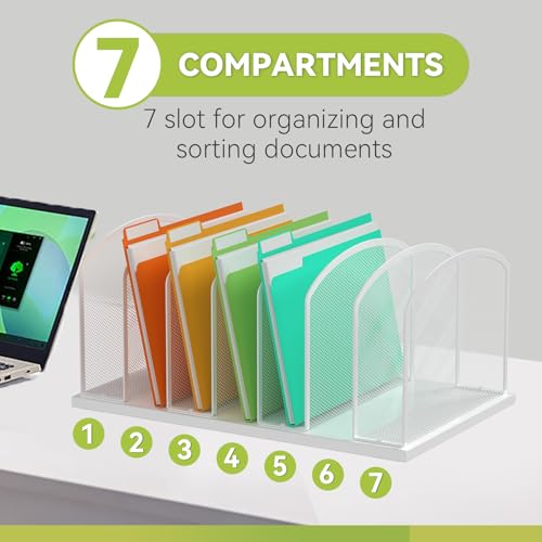 MINDEPOT Desk File Organizer Vertical 7 Sections Mesh File Sorter Paper Storage Organizer for Desk, Office Organization File Holder Rack, White - color: White, size: 1Pack