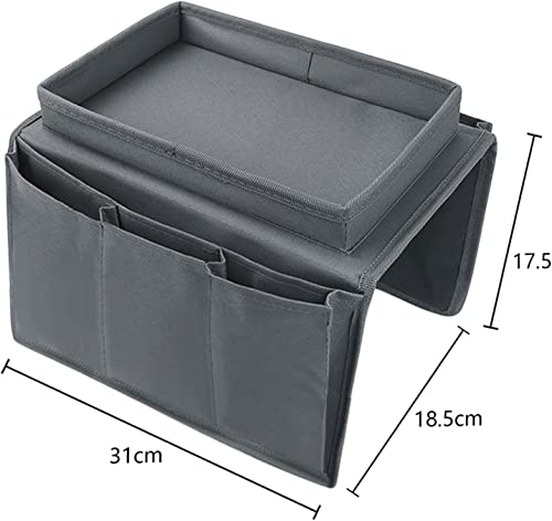 Sofa Armrest Organizer with Top Tray for Couch Recliner, 5 Pockets TV Remote Control Holder Foldable Armchair Bedside Caddy Organizer Storage Bag for Magazines Cellphone Drinks Snacks Tea Cup (Grey) - color: Grey