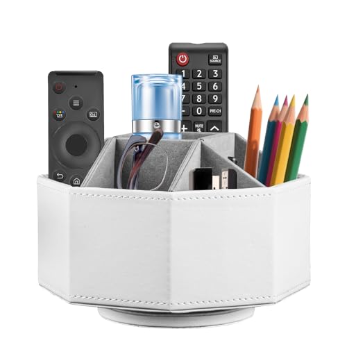 YAPISHI Swivel Remote Control Holder,9 Rooms Desk Organizer and Decorations for Living Room,Leather Bedside Storage Caddy for TV Controllers/Makeup Brush Pen/Office Stationery/Art Supplies/Eyeglasses - color: White