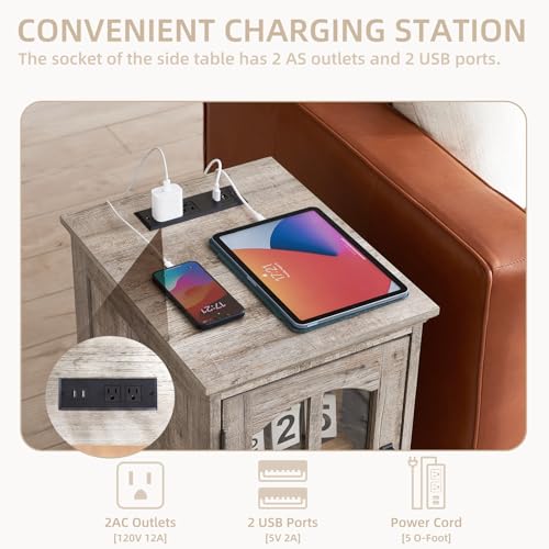 Narrow Side Table,Farmhouse Nightstand with Charging Station,Wood End Table with Glass Barn Door Storage, Cabinet Organizer with Adjustable Shelf, Night Stand for Small Spaces for Living Room Bedroom - color: Grey, size: Set 1