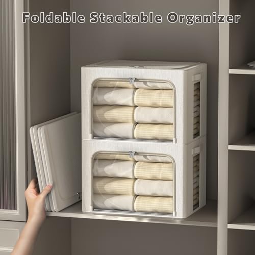 FHSQX 6 Pack Clothes Storage Bins with Metal Frame 100L Foldable Storage Bins for Clothes Linen Fabric Storage Box with Clear Window (Lvory White, 23.6x16.5x15.7inch(100L)) - color: Lvory White, size: 23.6x16.5x15.7inch(100L)