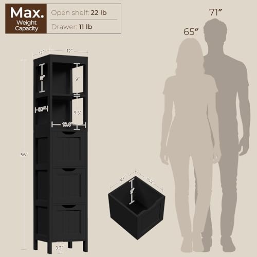 Yaheetech 56”H Bathroom Storage Cabinet, Narrow Freestanding Floor Cabinet with 3 Drawers & 2 Shelves, Tall Slim Bathroom Organization for Living Room/Hallway/Small Space,Black - color: Black, size: 56"H