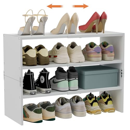 White Shoe Rack Organizer for Closet, 3-Tier Expandable Shoe Shelf, Stackable Iron Wood Combination Shoe Racks Shelves for Closets, Entryway,Small Space,Hallway,Garage,Holds 8-16 Pairs of Shoes - color: White, size: 1 Pack (3 Tier)