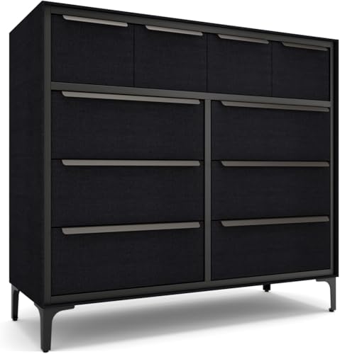 tinge Naima Premium Fabric Dresser - Strong Metal Frame, 10 Spacious Sag-Proof Drawers with Sleek Metal Handles - Premium & Durable Storage Solution for Your Home (Black) - color: Midnight Black, size: 14"D x 39.2"W x 35.8"H (10 Drawers)