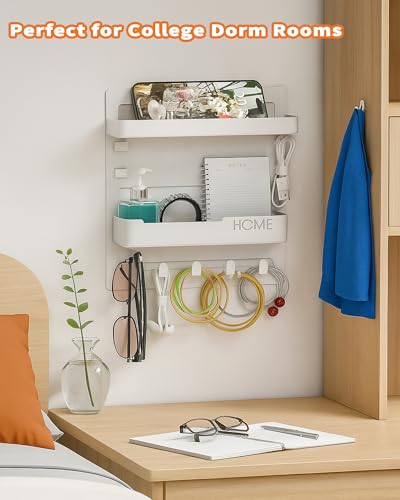 JWShang Bedside Wall Shelf - Adhesive Nightstand Organizer with Hooks and Cable Clips for Earphone Key Remote, Wall Mounted Storage for Bedroom, Dorm, RV, Rental (Clear) - color: Clear