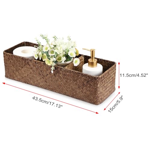 Seagrass Shelf Basket with Dividers, Rectangular Woven Storage Baskets for Organizing, Decorative Wicker Narrow Basket Tray with 3 Sections for Shelves, Toilet Tank, Bathroom Counter - color: Coffee