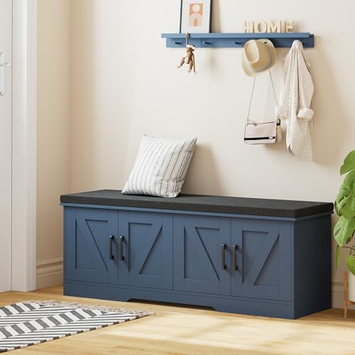 HOMSHO 2-Tier Storage Bench, 47.2" Wide Shoe Bench with Padded Seat Cushion, Entryway Bench with 4 Barn Doors and Adjustable Shelf, Blue - color: Blue, size: 47.2" Wide