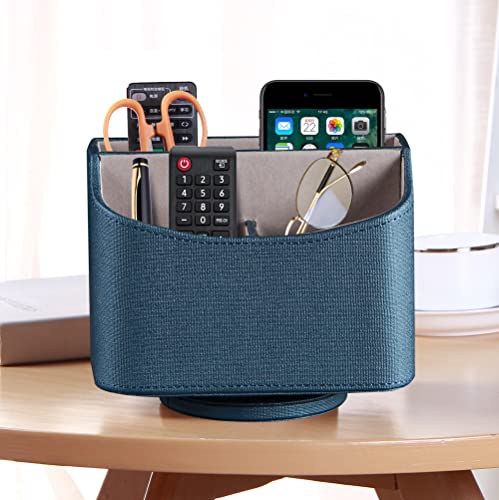 PUSU Remote Control Holder PU Leather 360 Degrees Rotatable Desktop Supply Organizer Storage Box for Controllers Media Stationery Nightstand TV Caddy E-reader iPad Phone Pen/Pencil Cosmetic - color: Blue