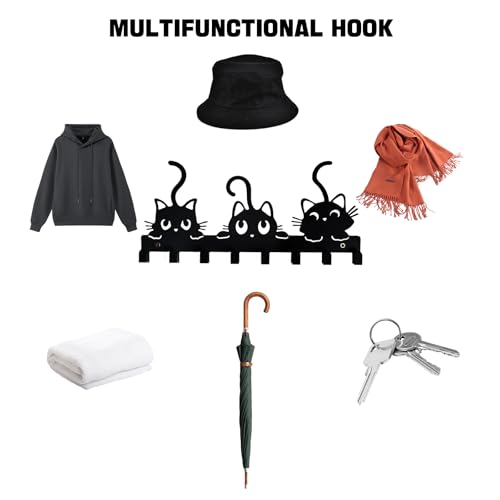 Key Holder Wall Mounted with Screws and Anchors, Black Multifunctional Key Hanger with 8 Hooks, Entryway Front Door Kitchen Hallway Garage Office - color: 3 Cats Black