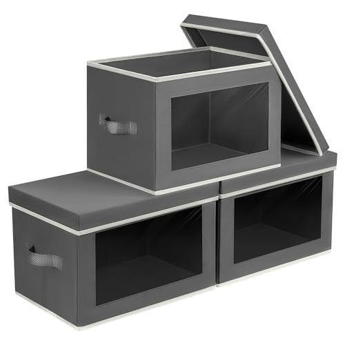 Homsorout Collapsible Storage Bins with Lids - Stackable Storage Containers with Window, 3 Pack Fabric Bins for Closet, Home & Office Organization Baskets, Dark Gray, 14.9" x 9.8" x 9.8" - color: Dark Gray, size: L(3-Pack)