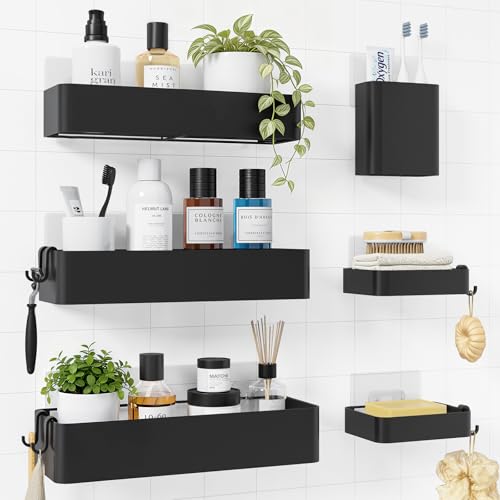 Kitsure Shower Caddy Adhesive - 6-Pack, No-Drilling Shower Shelves with Soap Holder, Toothbrush Holde, 6 Hooks, Rustproof & Stylish Bathroom Organizers and Storage Solution, Black, Large - color: Black