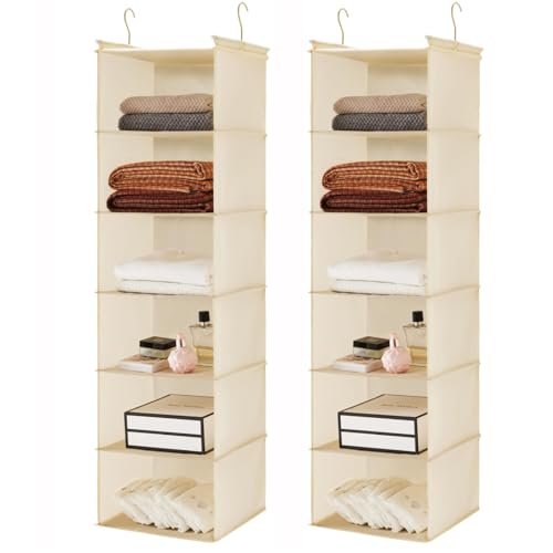 MAX Houser 6 Tier Shelf Hanging Closet Organizer, Closet Hanging Shelf with 2 Sturdy Hooks for Storage,2 Pack, Foldable (Yellow) - color: Beige-2