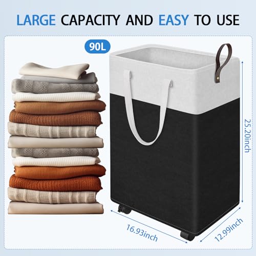 HomeHacks Laundry Basket with Wheels, Rolling Laundry Hamper, Collapsible & Waterproof Clothes Hamper, Narrow Corner Bins with Extended Handles for in the Family & Dorm 90L, Black - color: Black, size: 90L