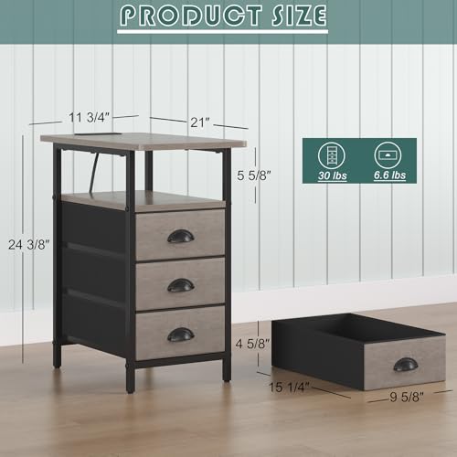sthmec End Table with Charging Station,LED Side Tables with USB Ports and Outlets,Narrow Nightstands Bedside Tables with 3 Drawers for Small Space,Slim Sofa Table for Livingroom,Grey - color: Grey, size: 11.75'' W*21'' D* 24.3'' H, style: Power & LED
