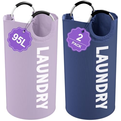 Set of 2 Large Laundry Baskets for Adult, 95L Collapsible Laundry Baskets with Aluminum Handles, Portable Dirty Clothes Hampers for Bedroom, Travel, Purple + Navy Blue - color: Purple + Navy Blue, size: L-95L