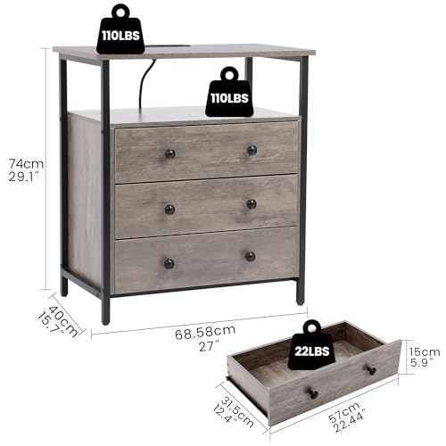 Edbuosy 3 Wooden Drawers Night Stand, 27 Inch Wide Nightstand with Charging Station and Adjustable Drawers, Small Dresser for Closet, Bedside Table for Living Room/Bedroom/Office, Gray. - color: Rustic Gray, size: 3 Drawers