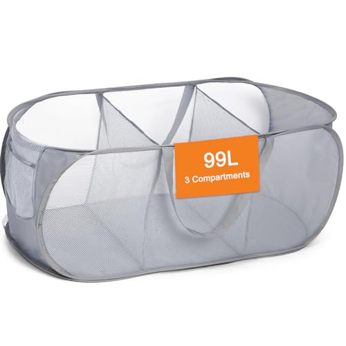 Durable Collapsible Foldable Pop Up Laundry Hamper, Sturdy 3 Compartments, Handy Pocket & Easy to Sort Clothes Hampers for Dorm, Kids Room, Travel - Grey - color: Gray, size: 3 Compartments