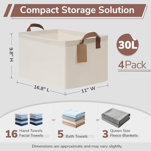 CHICVITA 4 Pack Large Storage Baskets for Shelves, Collapsible Closet Organizer Bins with Metal Frame, Fabric Storage Bins for Clothes Towels Organization, 16.8" x 11" x 9.8", Beige - color: Beige, size: 30L (16.8"L x 11"W x 9.8"H)