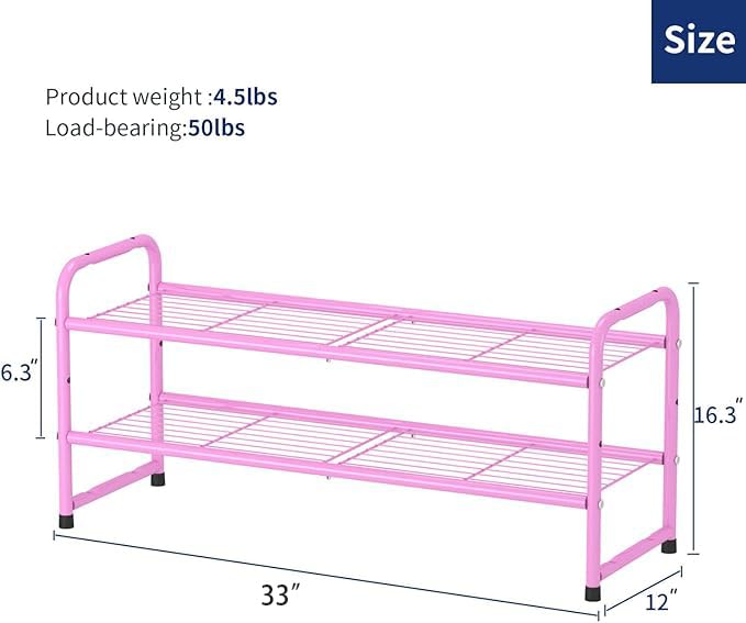 SUFAUY 2 Tier 33" Wide Shoe Rack, Closet Metal Wire, Stackable, Pink - color: Pink, size: 2 Tier