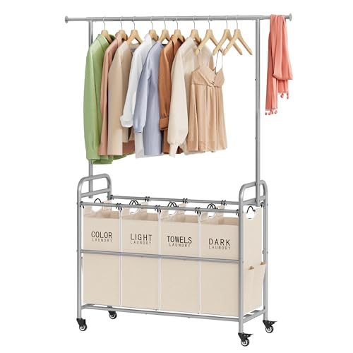 Tajsoon Laundry Hamper with Hanging Rack, Laundry Sorter 4 Sections, 4 Basket Butler with Lockable Wheels and Removable Bag, Rolling Laundry Cart for Bedroom, Beige - color: Beige, size: 4 bag