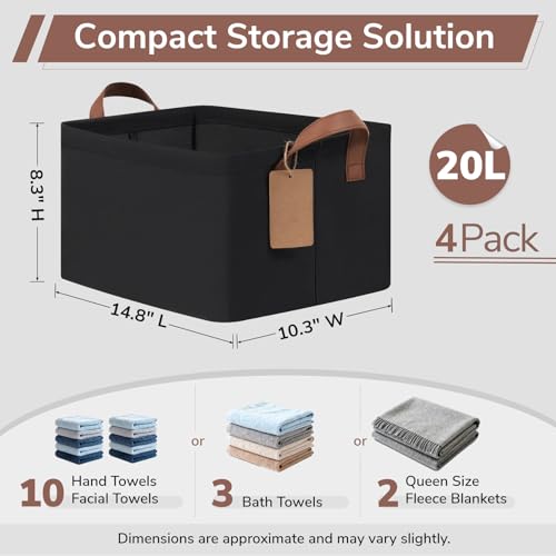 CHICVITA 4 Pack Storage Baskets for Shelves, Collapsible Fabric Closet Storage Bins with Metal Frame, Towel Organizer for Living Room, 14.8" x 10.3" x 8.3", Black - color: Black, size: 20L (14.8"L x 10.3"W x 8.3"H)