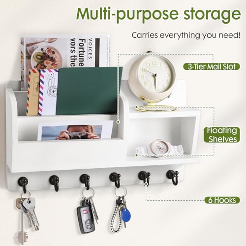 Key Holder Wall Mount, Key and Mail Holder for Wall with 6 Key Hook and Double Shelf, Mail Organizer Wall Mounted with 3-Tier Sortable Mail Slots, Key Rack for Entryway and Home Decor (White)