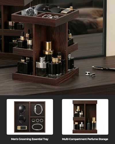 ProCase 3-Tier 360° Rotating Cologne Organizer for men, Large Capacity Wooden Countertop Display Rack for Bathroom & Dresser, Space-Saving Vanity Tray for Perfume & Skincare, Gifts for Him (Brown) - color: Brown