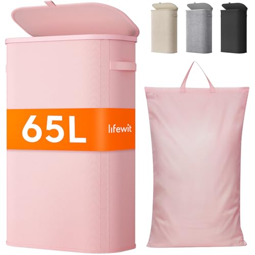 Lifewit Slim Laundry Basket with Lid, Narrow Large Laundry Hamper with Plastic Handles and Removable Bag, Tall Foldable Dirty Clothes Hampers for Laundry Room, Bedroom, Bathroom, Dorm, 65L Pink - color: Pink, size: 65L
