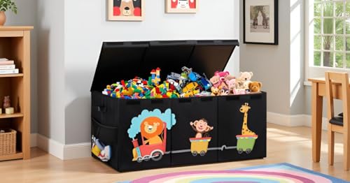 XL Toy Box - Toy Storage Bins with lids, Collapsible Toy Chest for Boys Girls, Kids Big Toy Organizer with Adjustable Dividers for Living Room Area, Playroom, Bedroom，38"x16"x14" - color: Black