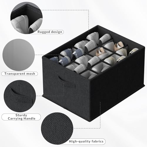 FHSQX 2 Pack Shoe Organizer for Closet,Foldable Shoe Organizer,Fits up to 24 Pairs,Storage Containers With Bottom Support for Shoes (Black, 16.5 * 12.6 * 9.5in) - color: Black, size: 16.5*12.6*9.5in