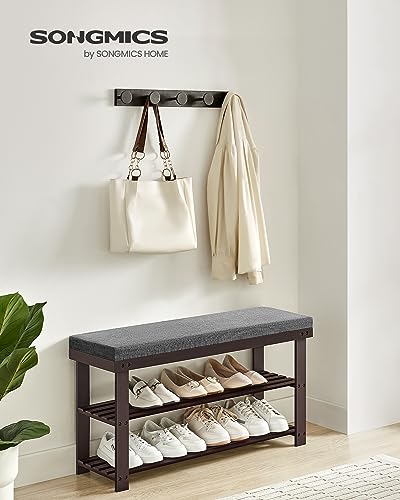 SONGMICS Bamboo Shoe Bench, 3-Tier Shoe Rack Organizer for Entryway, Living Room, Bench Seat Holds Up to 300 lb, 11.9 x 35.4 x 19.2 Inches, Rustic Walnut and Slate Gray ULBS904B32 - color: Rustic Walnut + Slate Gray, size: 35.4"W