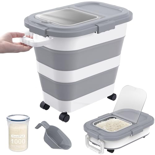 HOYTAMDA 25-35Lbs Rice Container,Collapsible Airtight Food Storage Containers with Wheels,Handle,Rice Storage Container with Small Bin and Scoop,Rice Dispenser for Flour Sugar Cereal Grain Dog Cat - color: Grey/25-35lbs