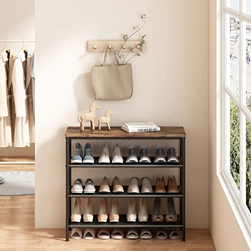 INGIORDAR Shoe Rack Organizer 4 Tier Metal Organizer Shelf with Industrial MDF Board and Layer Fabric for Entryway Closet Bedroom Living Room Garage,Black & Rustic Brown (Black+Rustic Brown, 4 Tier) - color: Black+rustic Brown, size: 4 Tier