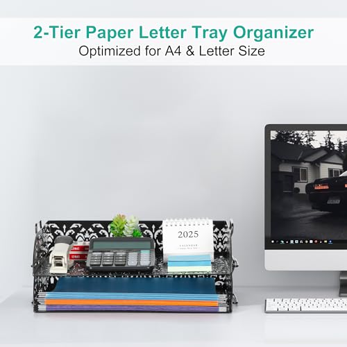 EasyPAG Paper Organizer for Desk 2 Tier Stackable Paper Tray for A4 Legal Size Folders Metal File Storage Desktop Organizer for Home Office School Teacher, Black - color: Black