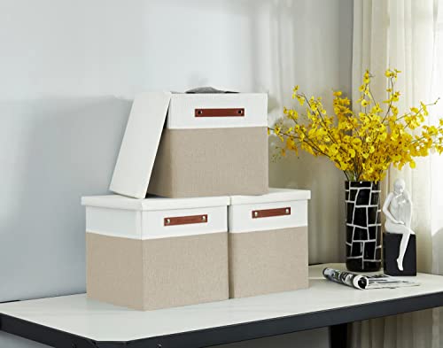 DECOMOMO Storage Basket with Lid, Storage Cubes with Handles, Fabric Box with Lid (Beige and White, 13” / 3 Pack) - color: Beige and White, size: Cube 13"