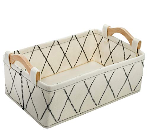 Small Storage Baskets Toy Storage Organizer Rectangle Basket Empty Gift Baskets Shelf Baskets Decorative Storage Basket With Wooden Handles for Keys Makeups Remotes Books - color: white, size: 11.4 x 7.1 x 3.9 Inch (Pack of 1)