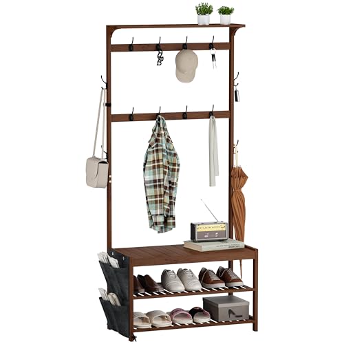 AMBIRD Hall Tree with bench and shoe storage, Entryway Bench with shoe storage, 6-in-1 Coat Rack with Cloth Bag and 12 Coat Hooks, Sturdy Bamboo Frame, Brown 31 * 15 * 70 Inches - style: Classic, 31.5'' L
