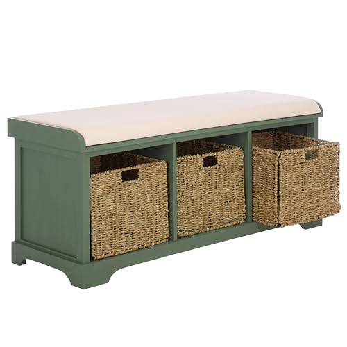 SAFAVIEH Home Collection – Lonan Dusty Green Storage Bench with Seat Cushion, 3 Basket Drawers, Coastal Farmhouse Entryway Design (AMH5733J) - color: Dusty Green