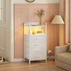 Furnulem White Nightstand with Charging Station, Night Stand Side Table with Led Light, Tall Dresser for Bedroom with 4 Fabric Storage Drawers, Metal Frame, Wood Shelf(White) - color: White, style: 4 Drawer