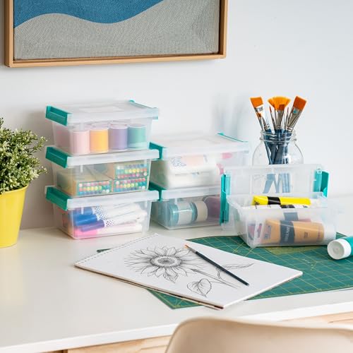 IRIS USA 1 Qt. Craft Storage Bins with Lids, 6-Pack, |Made in USA|, Clip Box, Small Plastic Sensory Bin Tote Organizer Containers for Art Supplies, Paper, & Office, Stackable - Clear/Seafoam Blue - size: 1 Qt. - 6 Pack